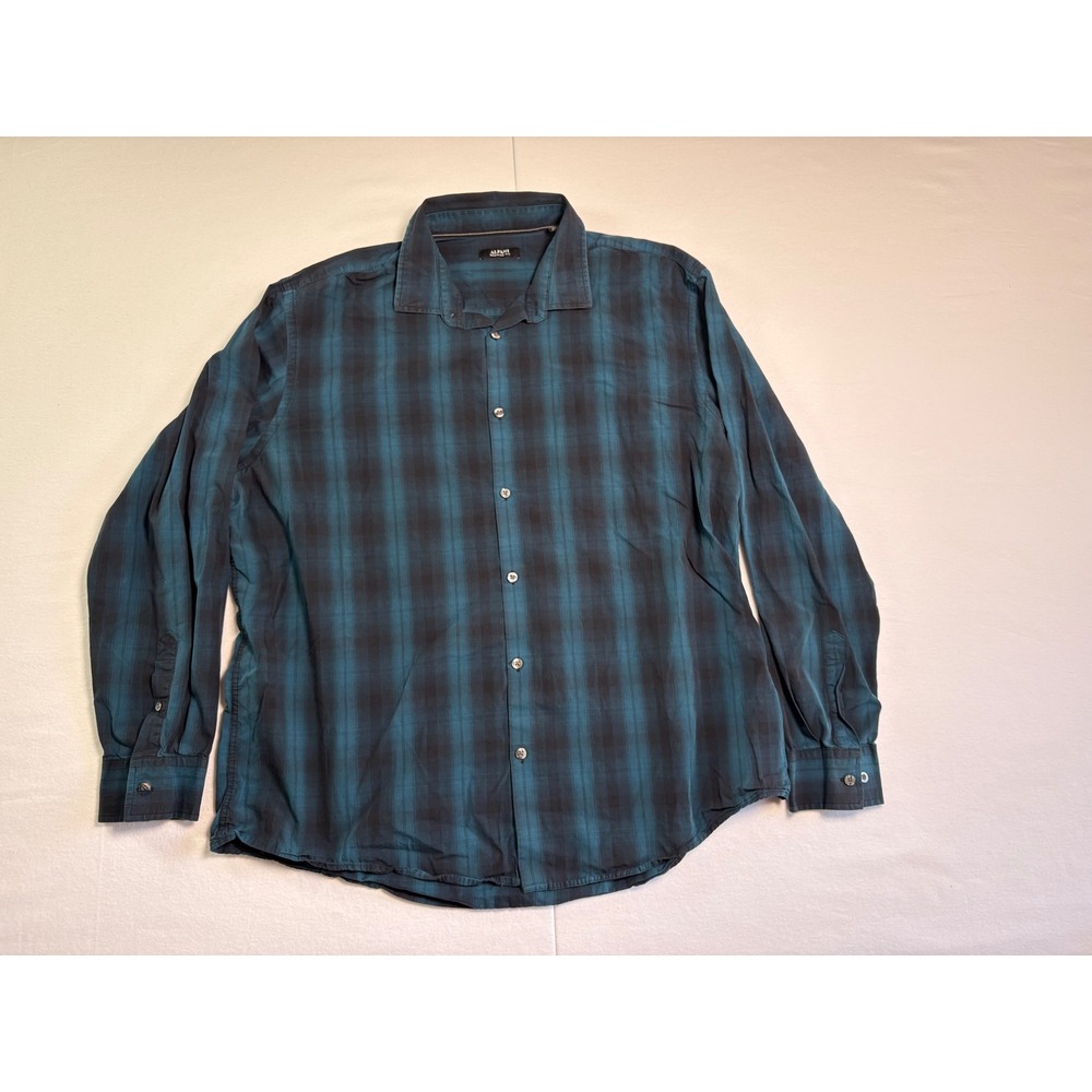 Alfani Mens XXL‎ Regular Fit Plaid Button Down Teal Black Cotton Long Sleeve